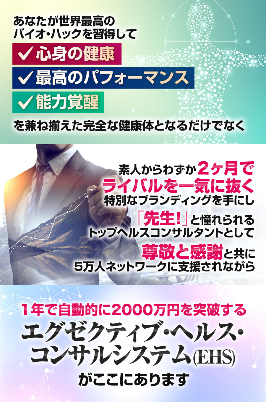 さらに例え素人でも３ヶ月以内に「トップヘルスコンサルタント」として高額報酬を得るゼロから１年で自動年収2000万円エグゼクティブ・ヘルス・コンサルシステム(EHS)